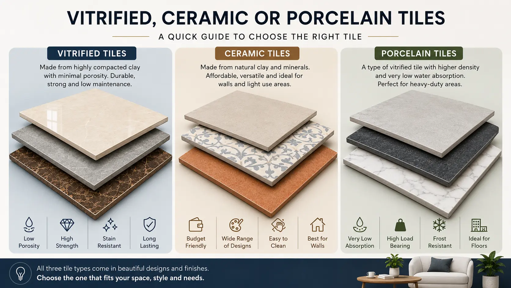 Comparison of Vitrified, Ceramic or Porcelain tiles
